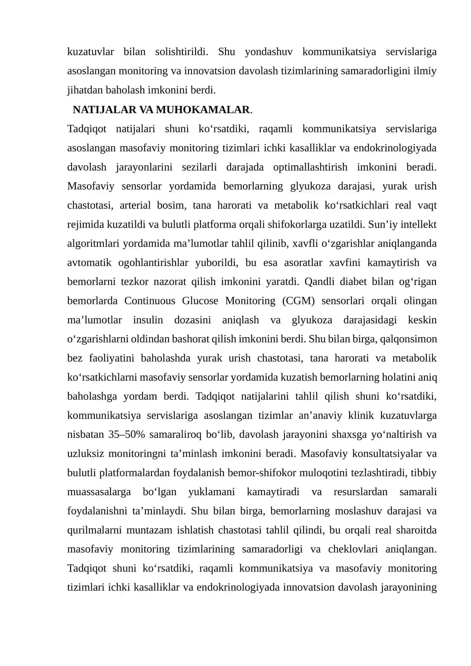 (maqola)ICHKI KASALLIKLAR VA ENDOKRINOLOGIYADA DAVOLASHNING INNOVATSION USULLARI: KOMMUNIKATSIYA SERVISLARI ORQALI BEMOR MONITORINGI VA MASOFAVIY DAVOLASH TEXNOLOGIYALARINING ROLI 4