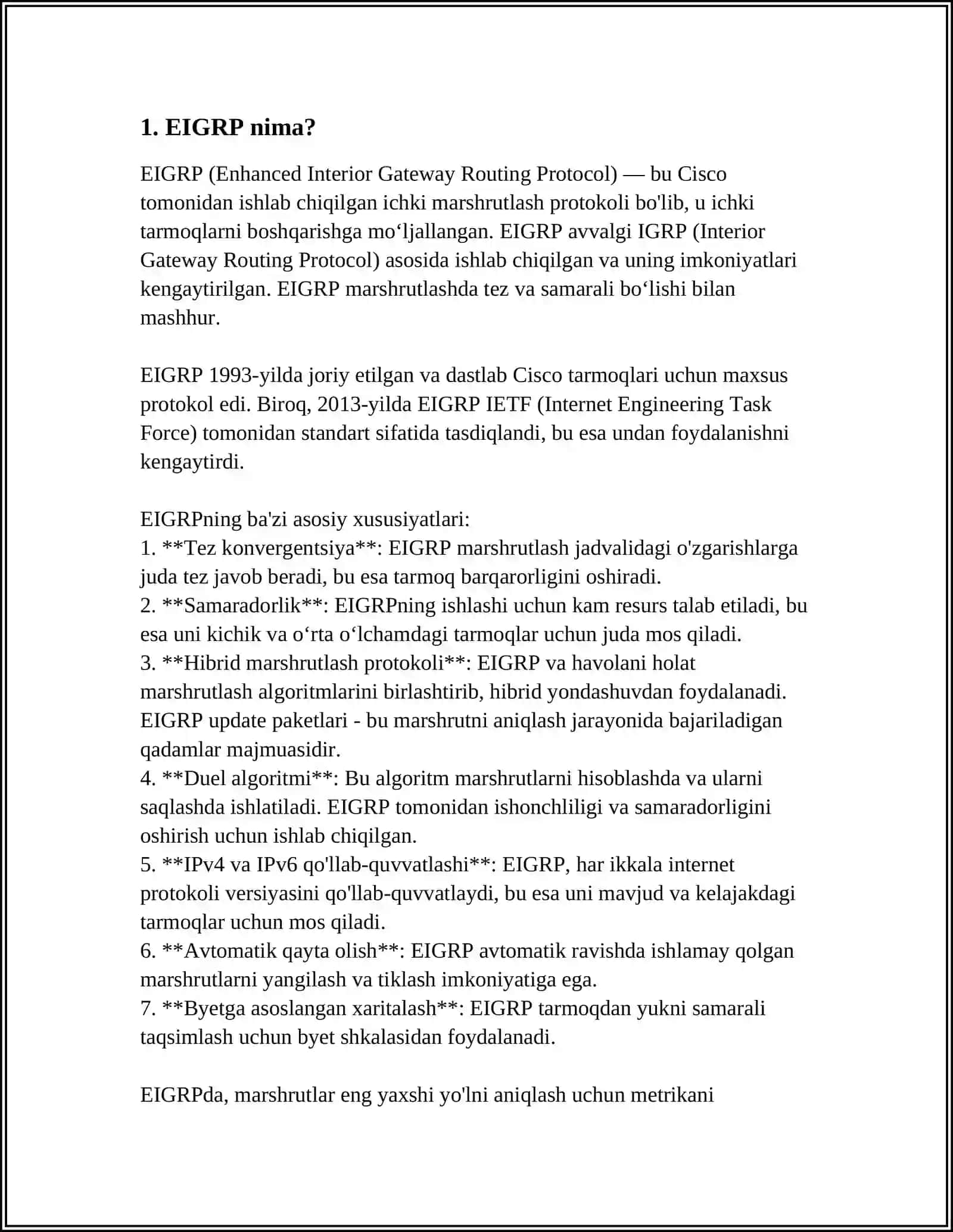 MARSHRUTIZATSIYA PROTOKOLI EIGRP 4