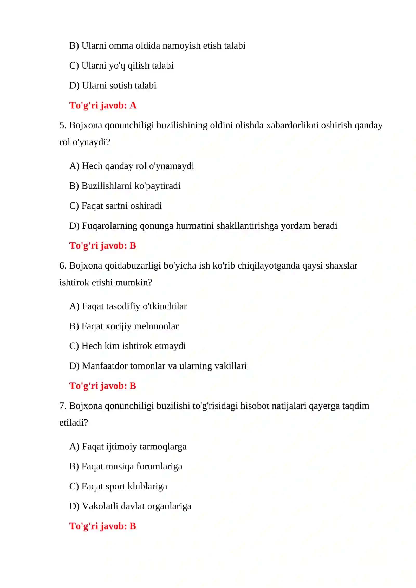 BOJXONA QONUNCHILIGI YANGI TESTLAR 4