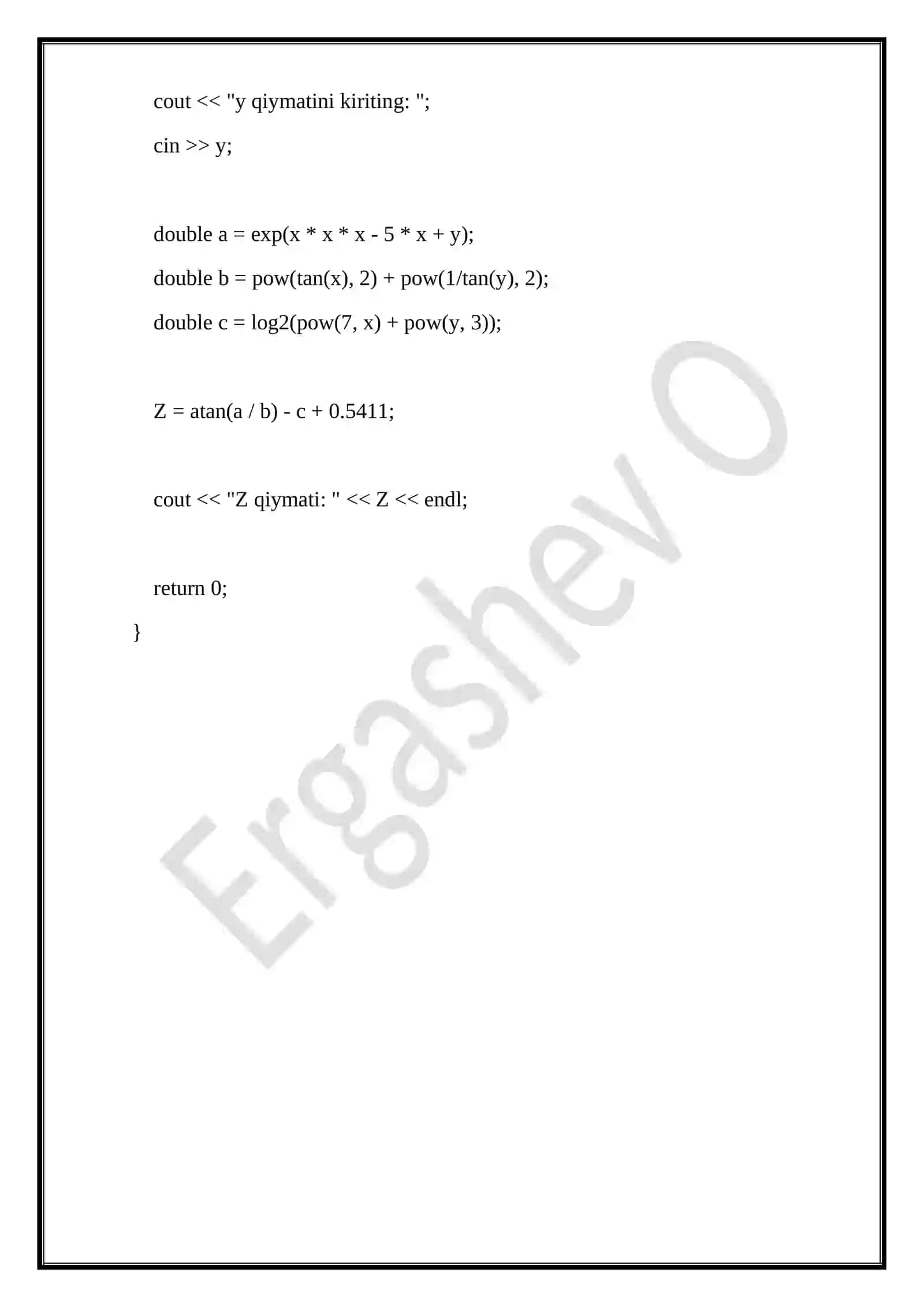 Chiziqli tuzilmali algoritmlarni tavsiflash, C++ tilida dasturlashtirish va kompyuterda hisoblashlar o‘tkazish 4