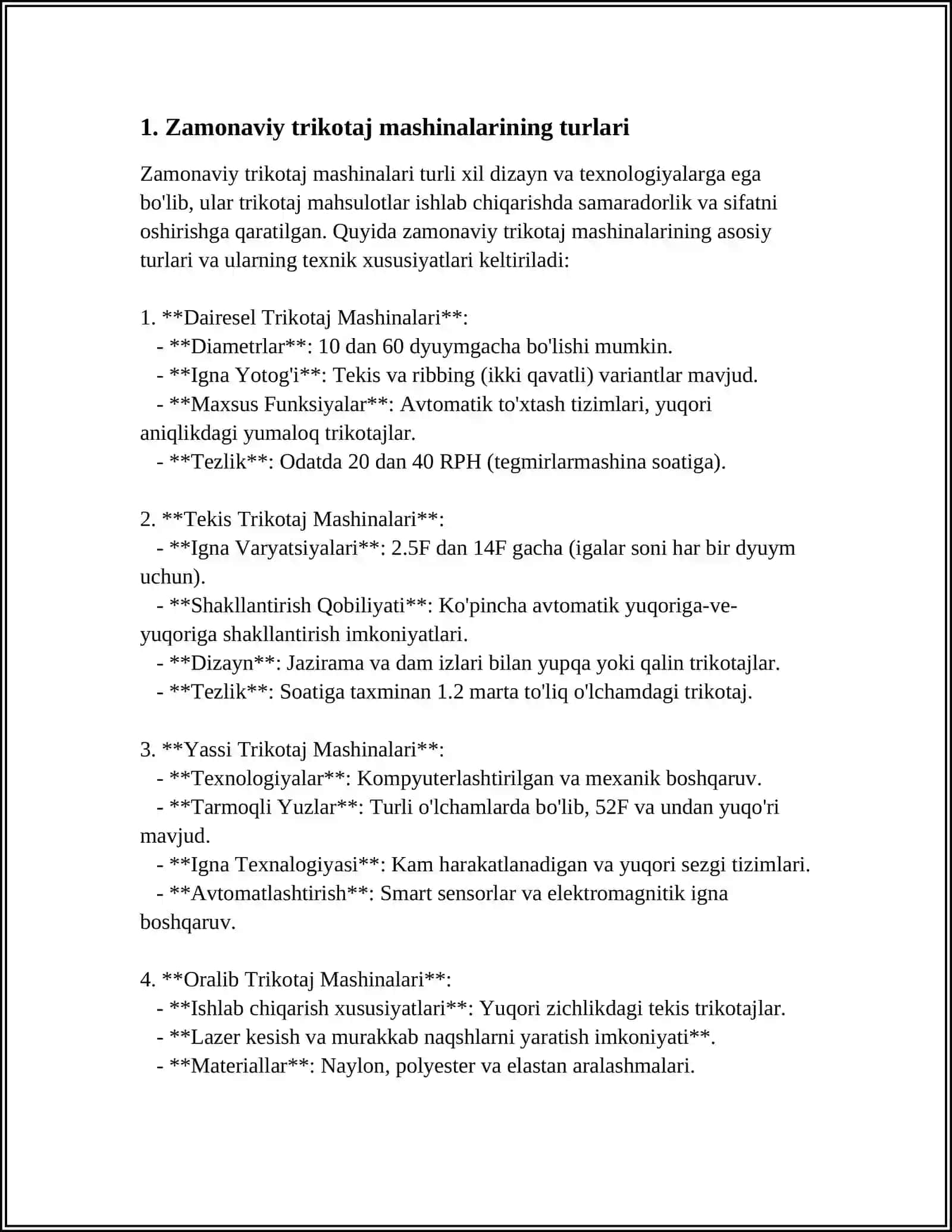 O‘ZBEKISTONDA QO‘SHMA KORXONALARIDA O‘RNATILGAN ZAMONAVIY TRIKOTAJ MASHINALARI TO‘G‘RISIDA MAʼLUMOTGA EGA BO‘LISH 4