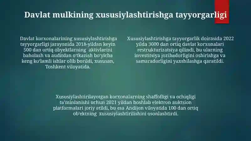 Oʻzbekistonda xususiylashtirish jarayonlarining bosqichlari va vazifalari 4