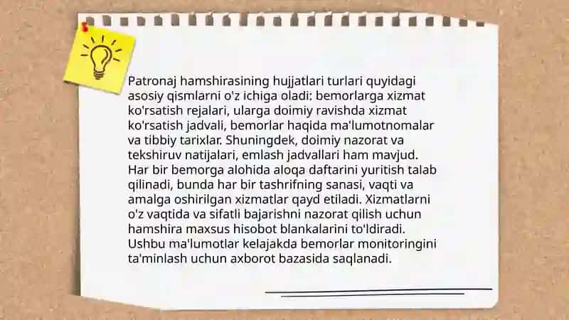Patranash hamshiraning hujjatlari.Patranash hamshirasi ish faoliyatining sifat monitoringi 4