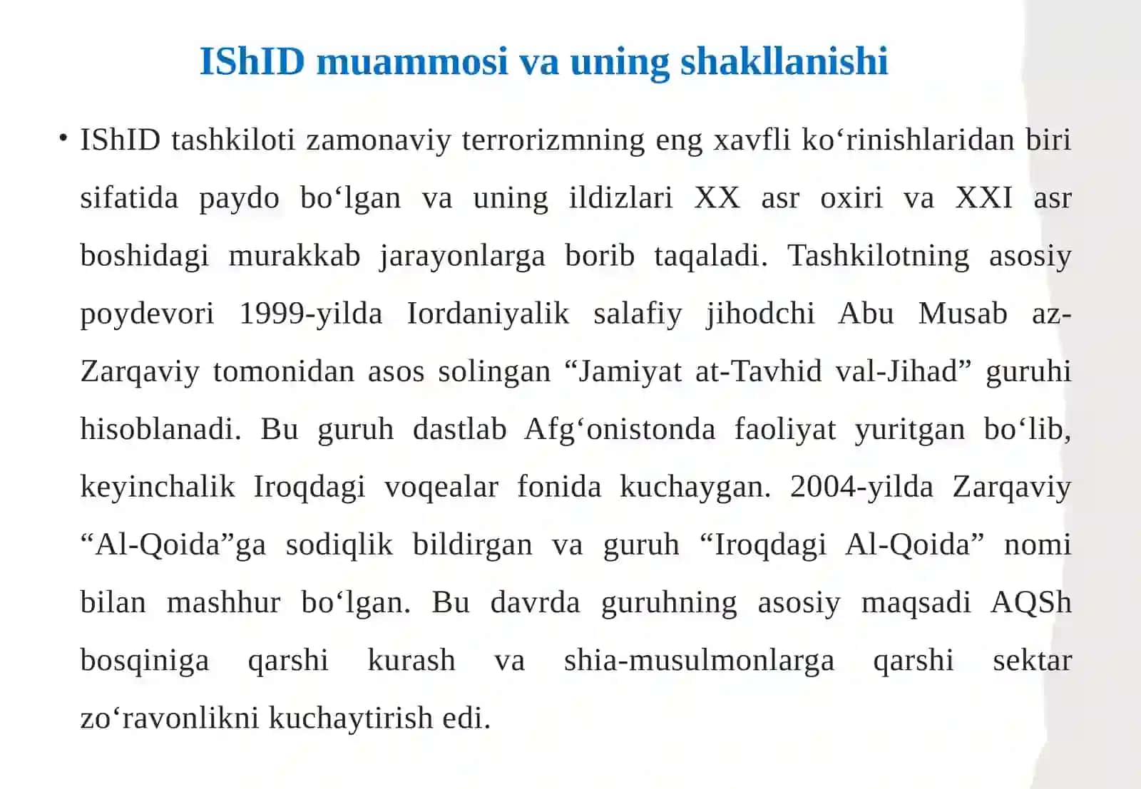 IShID muammosi va uning insoniyat boshiga solgan kulfatlari. Terror globallashuvini ta'min etuvchi omillar 4