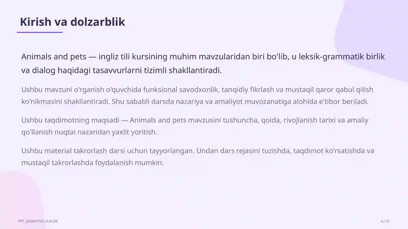 Animals and pets (2-sinf) Ingliz tili (1–11) — takrorlash darsi uchun 4
