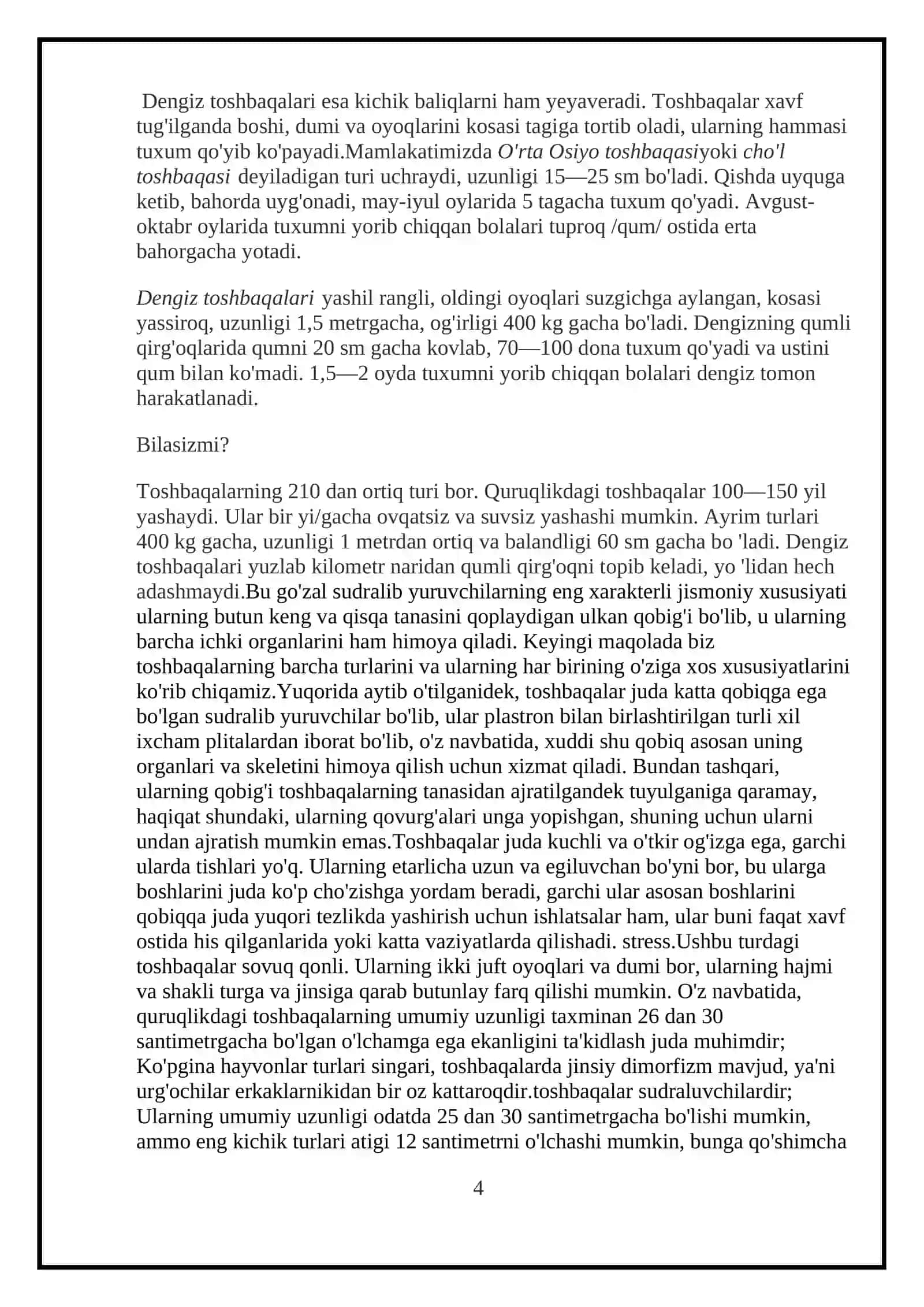 TOSHBAQALAR TUZILISHINING ASOSIY XUSUSIYATLARI TURLARI TARQALISHI KURS ISHI 4