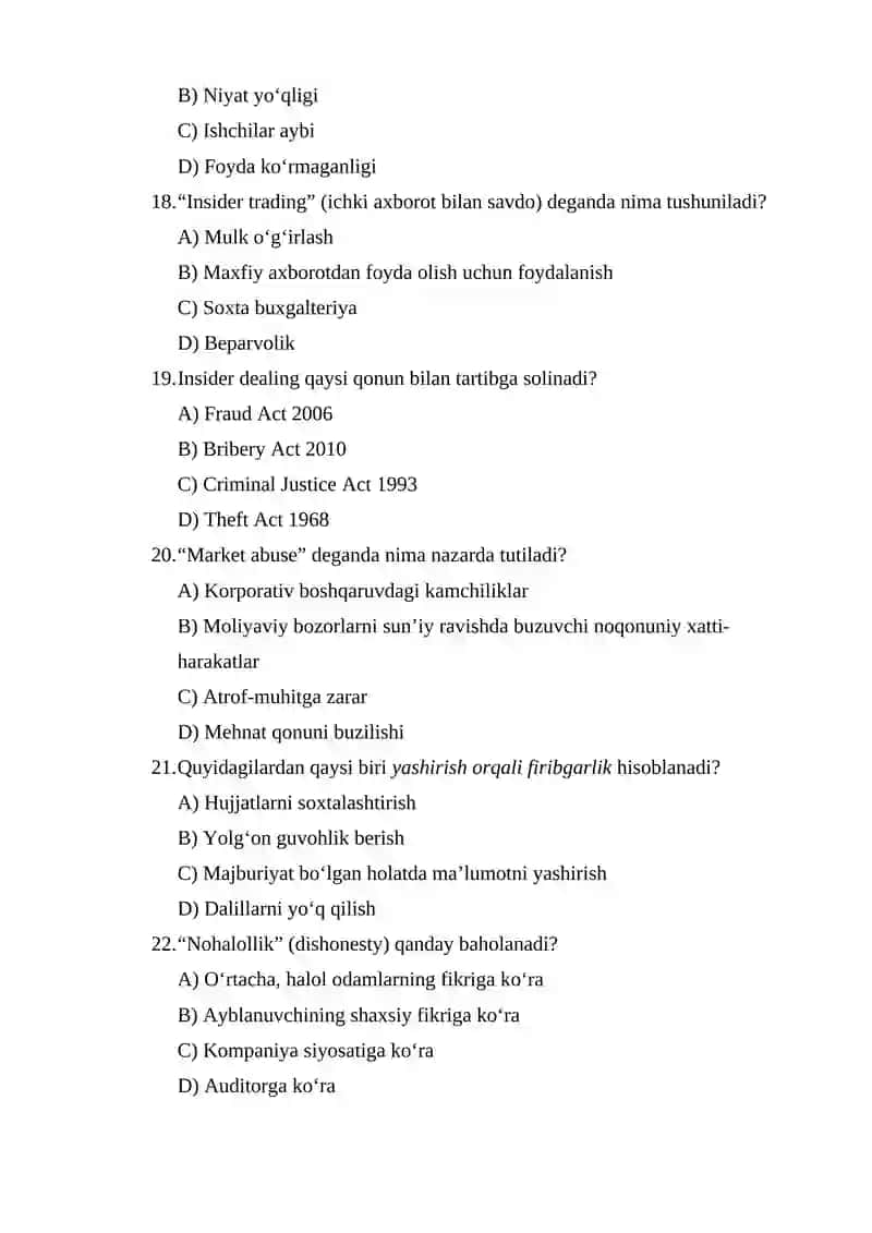 FIRIBGARLIK VA JINOYAT XATTI-HARAKATI - 30 TEST SAVOLI 4