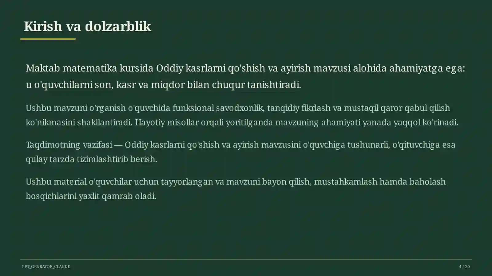 Oddiy kasrlarni qo'shish va ayirish (5-sinf) 4