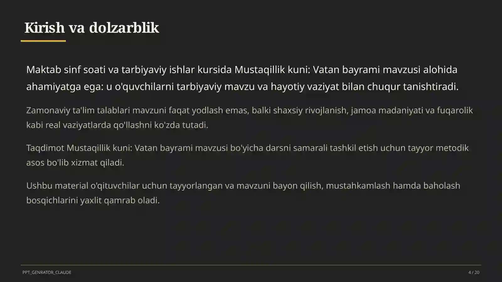 Sinf soati va tarbiyaviy tadbirlar (1-11) - o'qituvchilar uchun 4