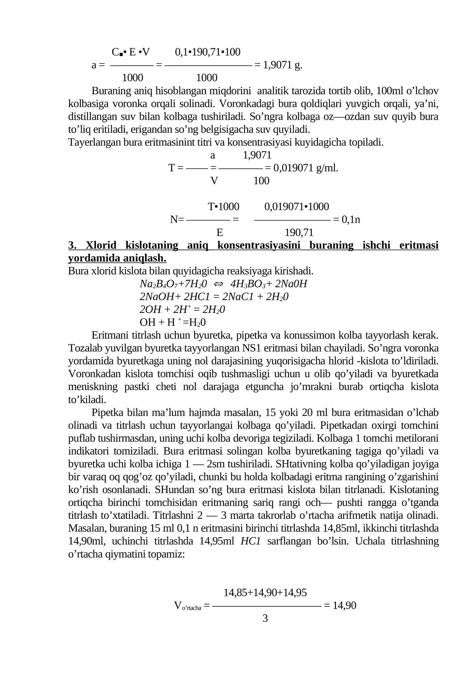 XLORID KISLOTANING STANDART ISHCHI ERITMASINI TAYYORLASH VA UNING YORDAMIDA ERITMADAGI ISHQOR MIQDORINI ANIQLASH 4