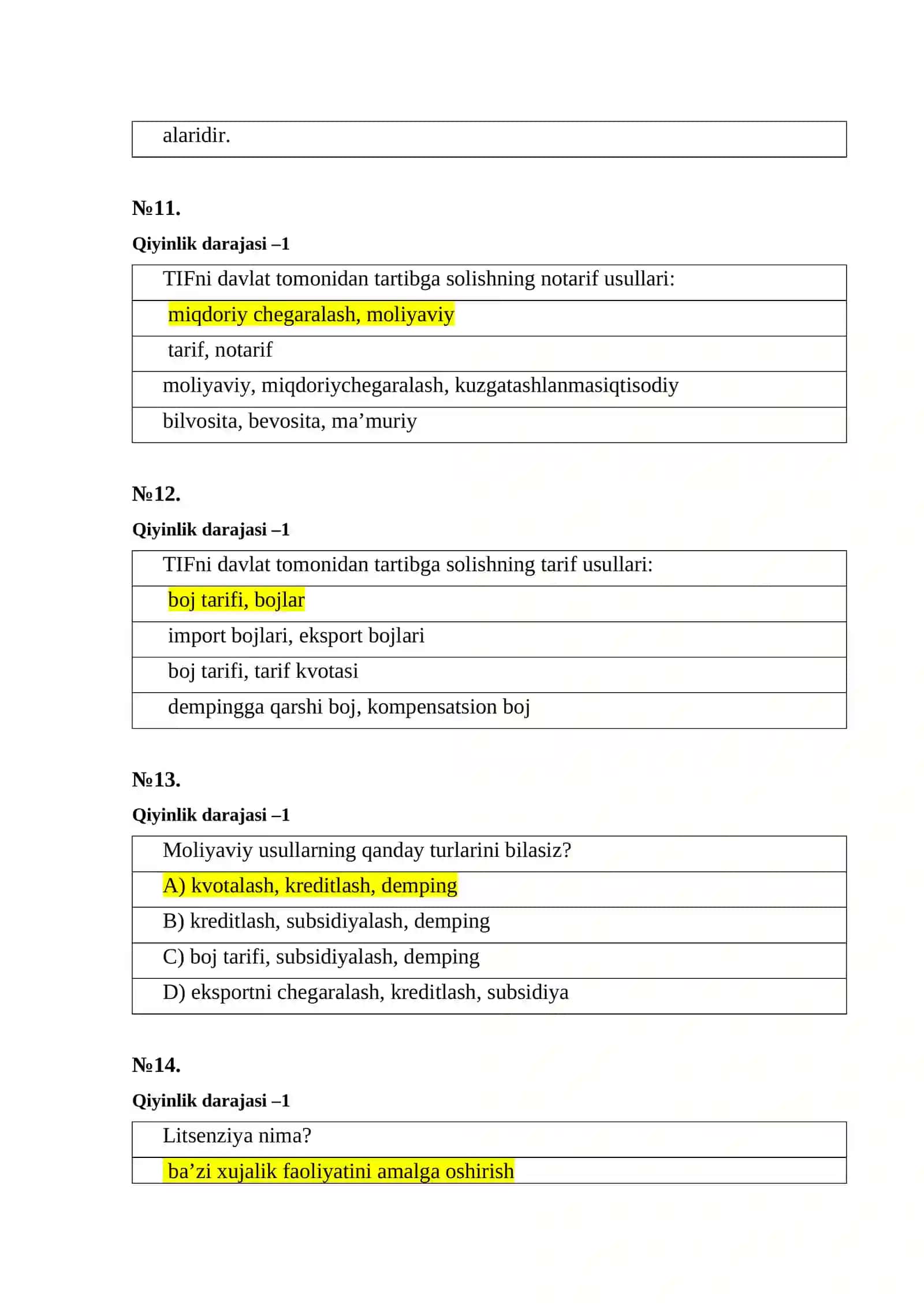 Bojxona qo‘mitasiga ishga kirish uchun test savol-javoblar to‘plami 4
