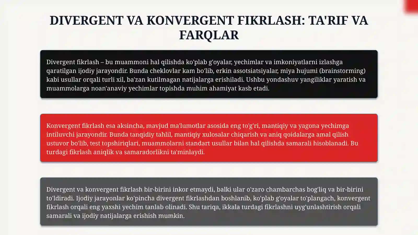Dars mazmuniga mos divergent va konvergent fikrlashni rivojlantiruvchi kreativ topshiriqlar tizimini ishlab chiqish 4