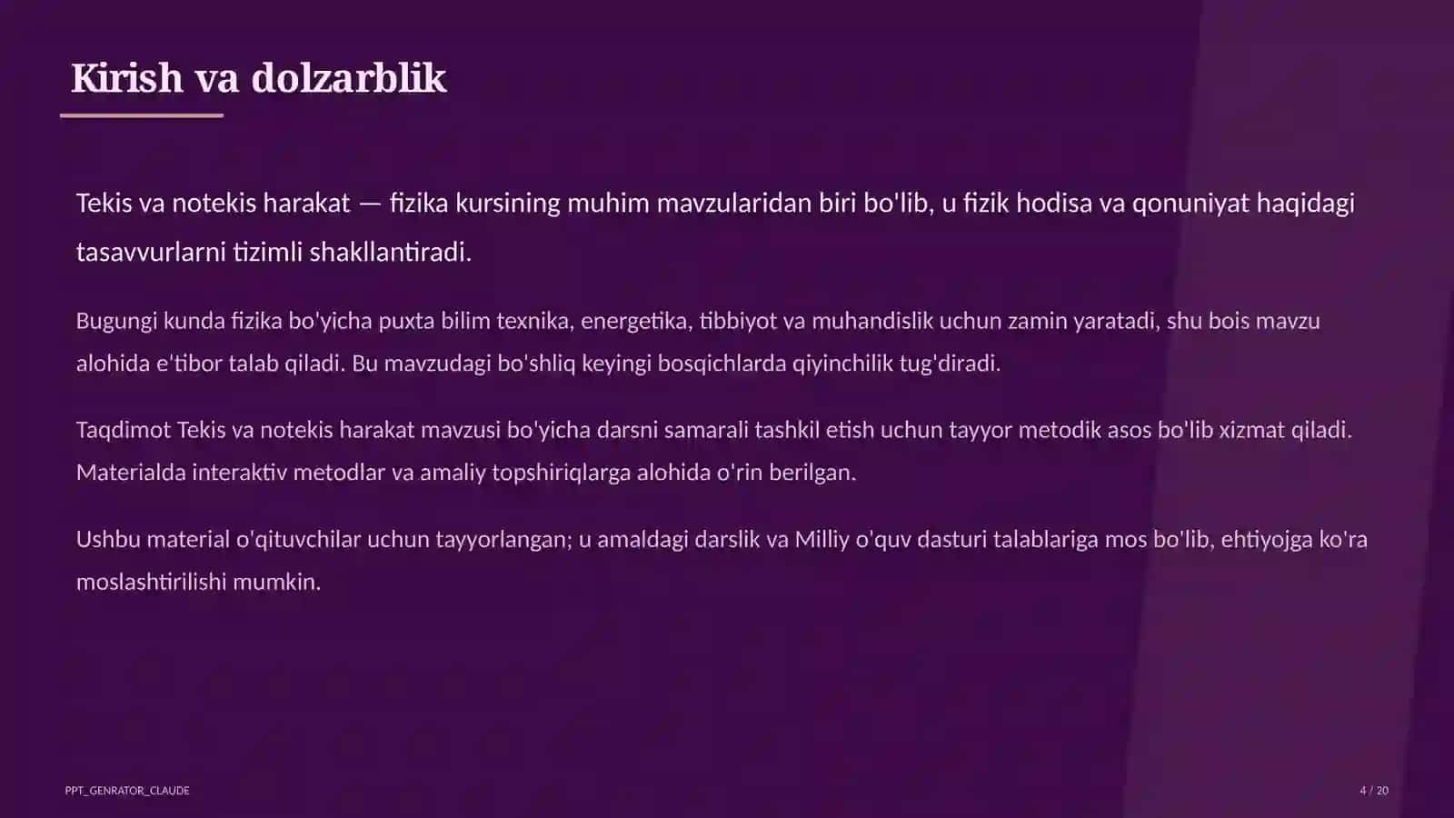 Tekis va notekis harakat (7-sinf) Fizika (6– 11) — o'qituvchilar uchun 4