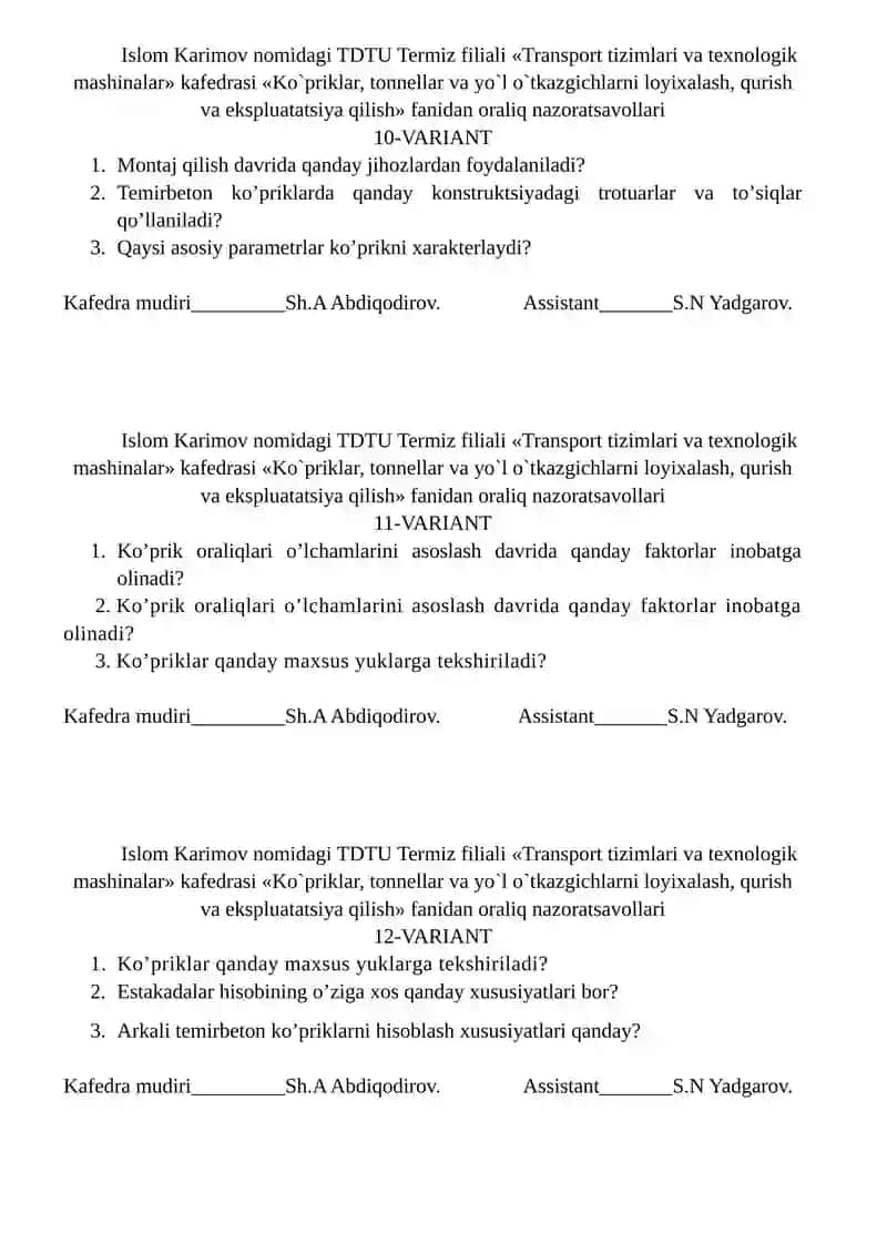 Ko`priklar, tonnellar va yo`l o`tkazgichlarni loyixalash, qurish va ekspluatatsiya qilish 4