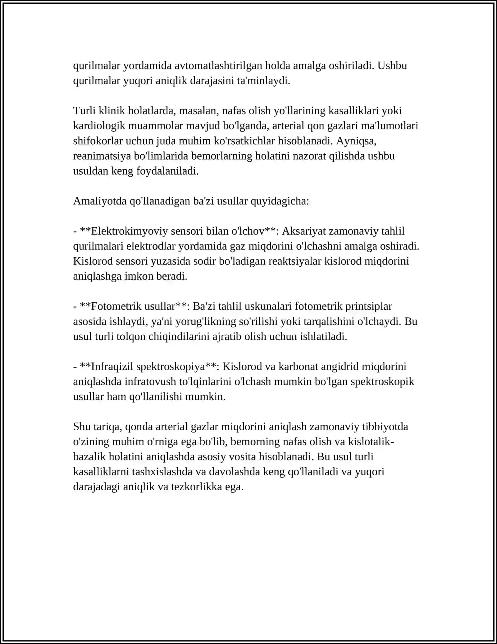 QONDA GAZNI MIQDORINI ANIQLASHNI YANGI USULLARI TO'QIMANI KISLOROD BILAN TO'YINISHNI ANIQLASH USULLARI 4