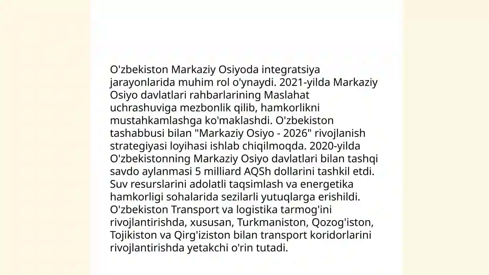 O'zbekistonning Markaziy Osiyoda tinchlik va barqarorlikni ta'minlashdagi o'rni 4