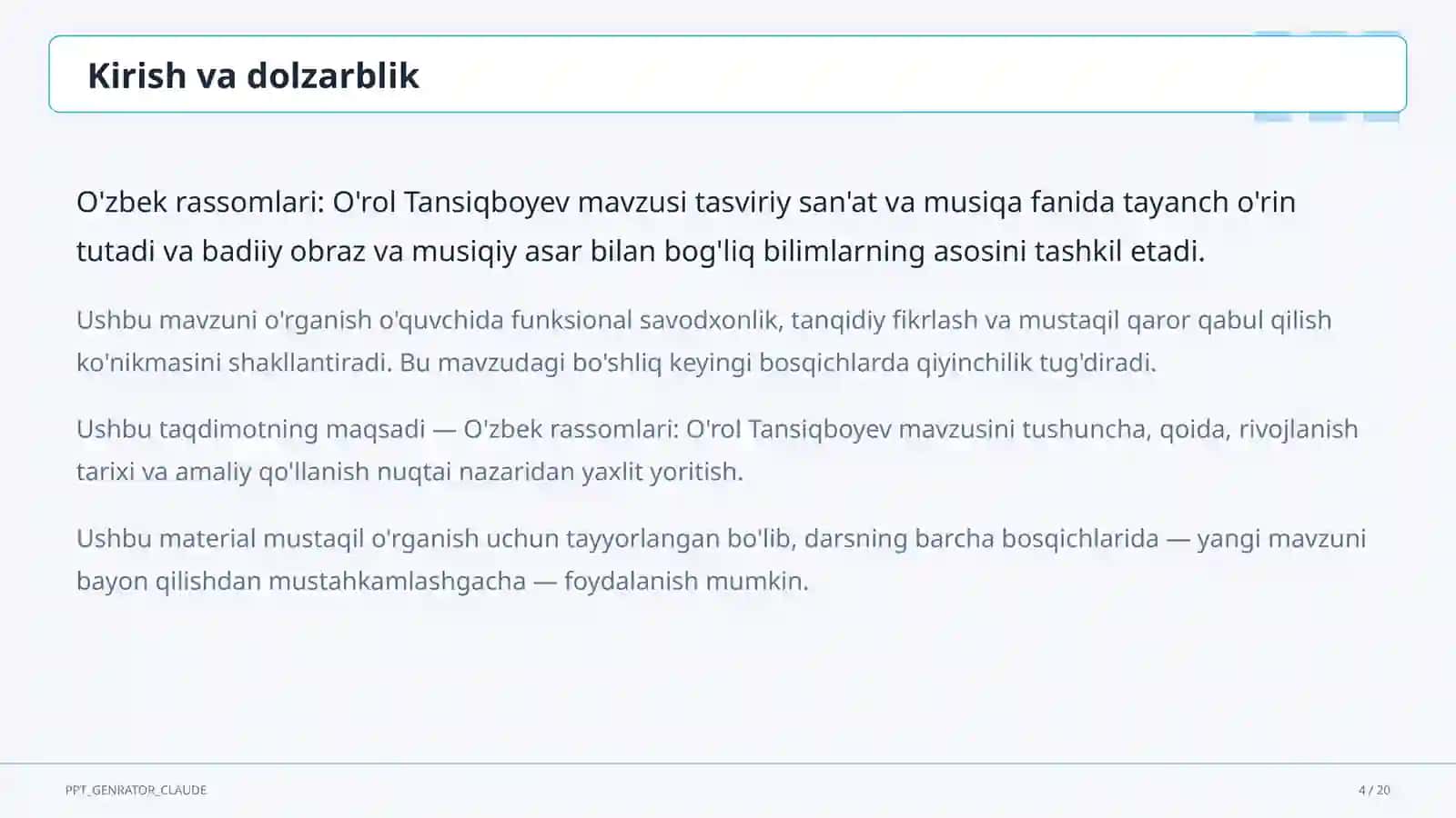 O'zbek rassomlari: O'rol Tansiqboyev (7-sinf) 4