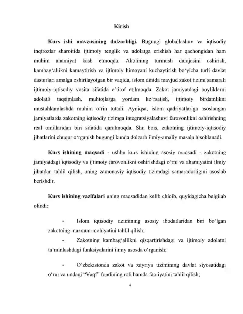 Zakot va uning iqtisodiy ahamiyati, ijtimoiy himoyada tutgan o‘rni(kurs ishi). 4