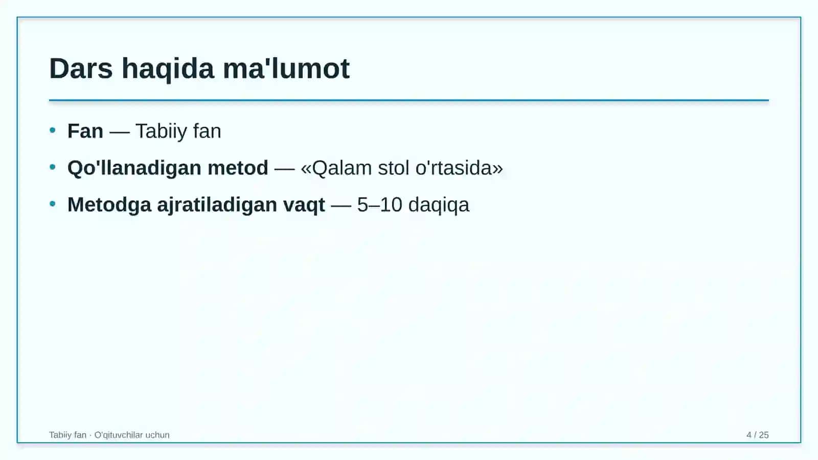 tabiiy fan darslarida qalam stol o'rtasida metodidan foydalanish 9722 4
