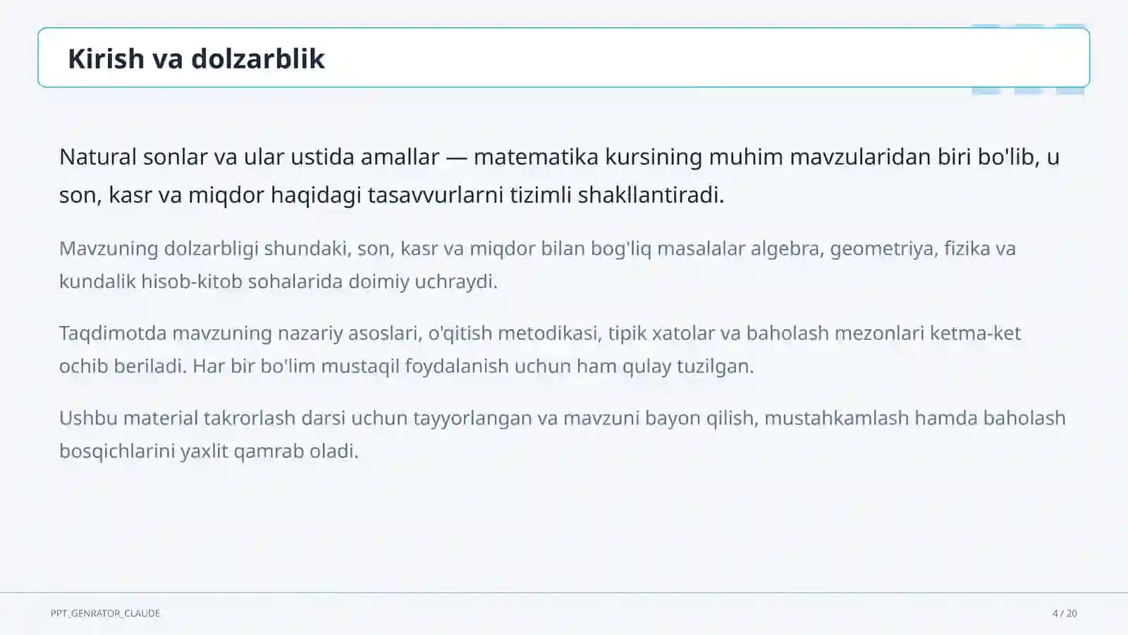 Natural sonlar va ular ustida amallar (5-sinf) Matematika (5–6) — takrorlash darsi uchun 4