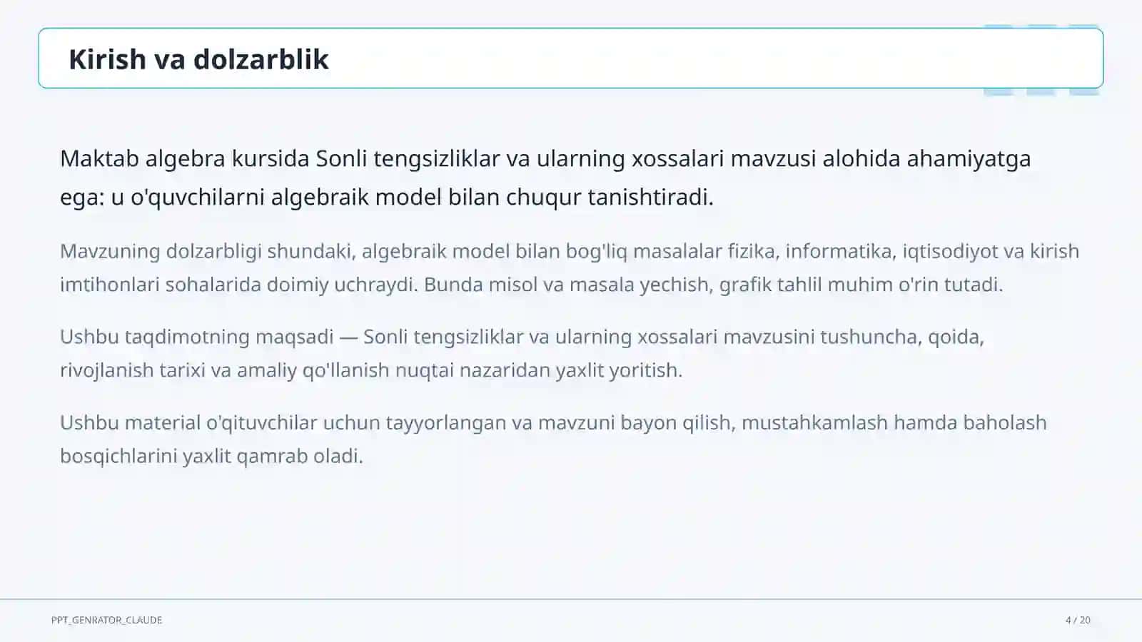 Sonli tengsizliklar va ularning xossalari (8-sinf) 4