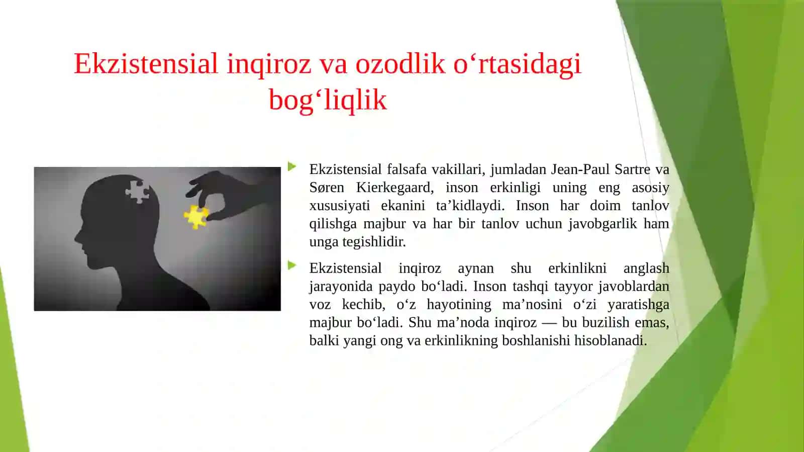 Ekzistensial inqiroz inson ozodligi manbai sifatida. Oʻz ozodligi va masʼuliyatini konstruktiv va destruktiv hal qilish usullari 4