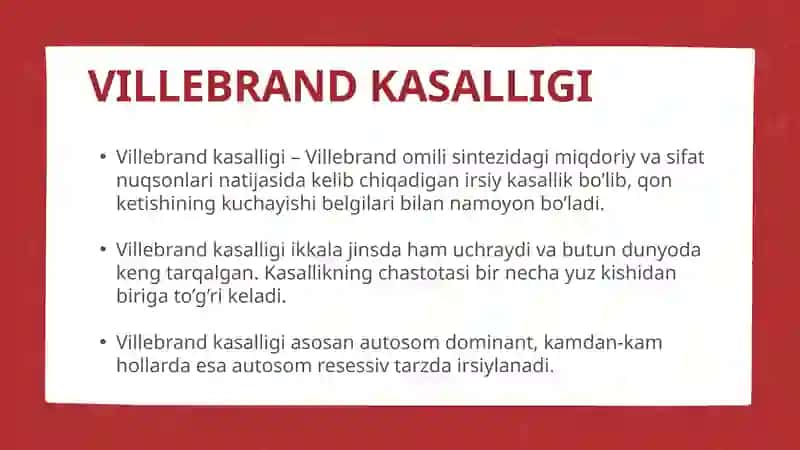 Qon ivish omillarining irsiy kasalliklari. Villebrand kasalligi 4