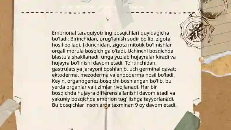 Ontogenez. Embrional taraqqiyotning xususiyatlari. Postnatal ontogenezning asosiy davrlari. Salaydinova Vasila Hamdam qizi 4