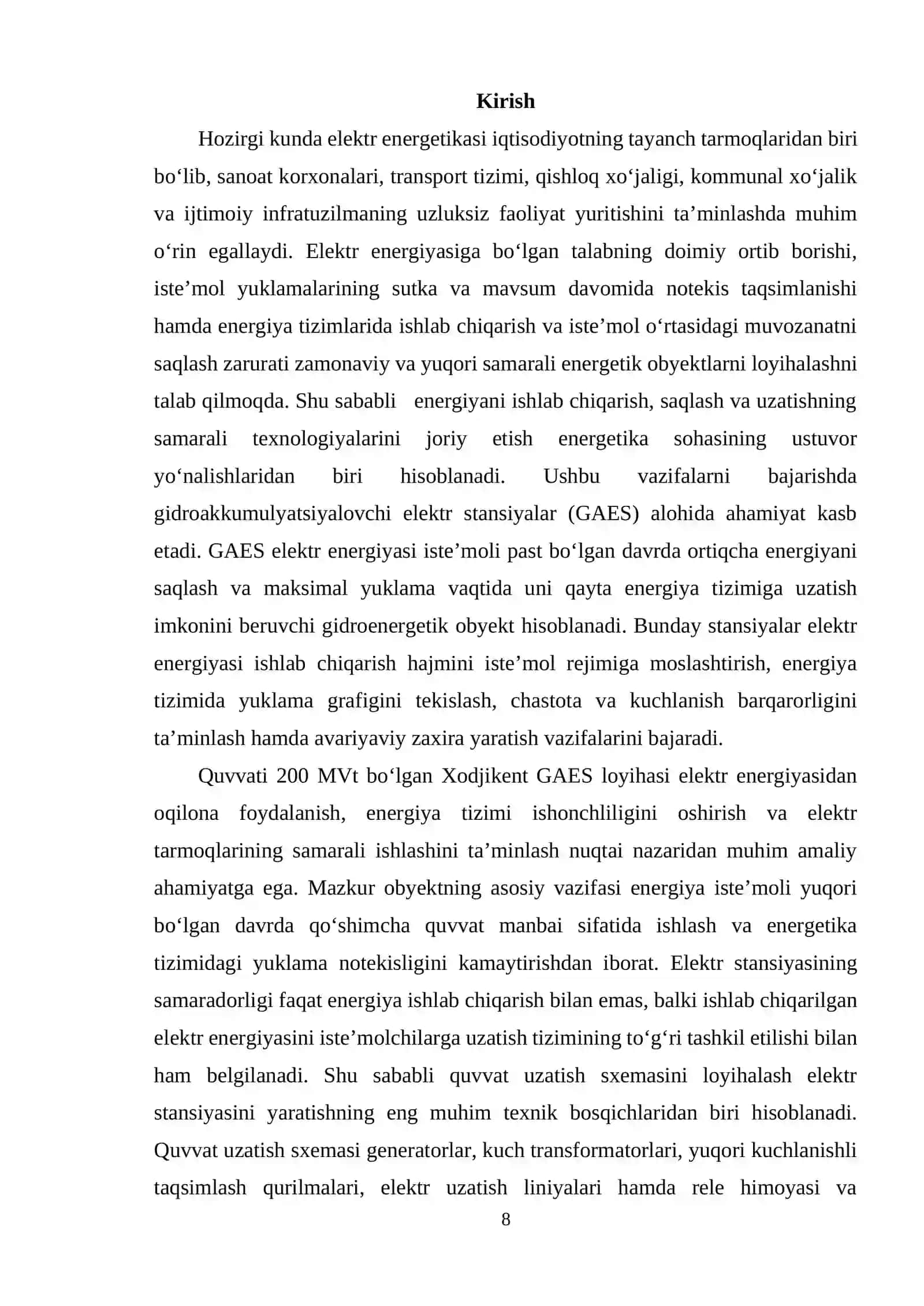 Quvvati 200MVt boʻlgan Xodjikent GAES ning quvvat uzatish sxemasini loyihalash 4