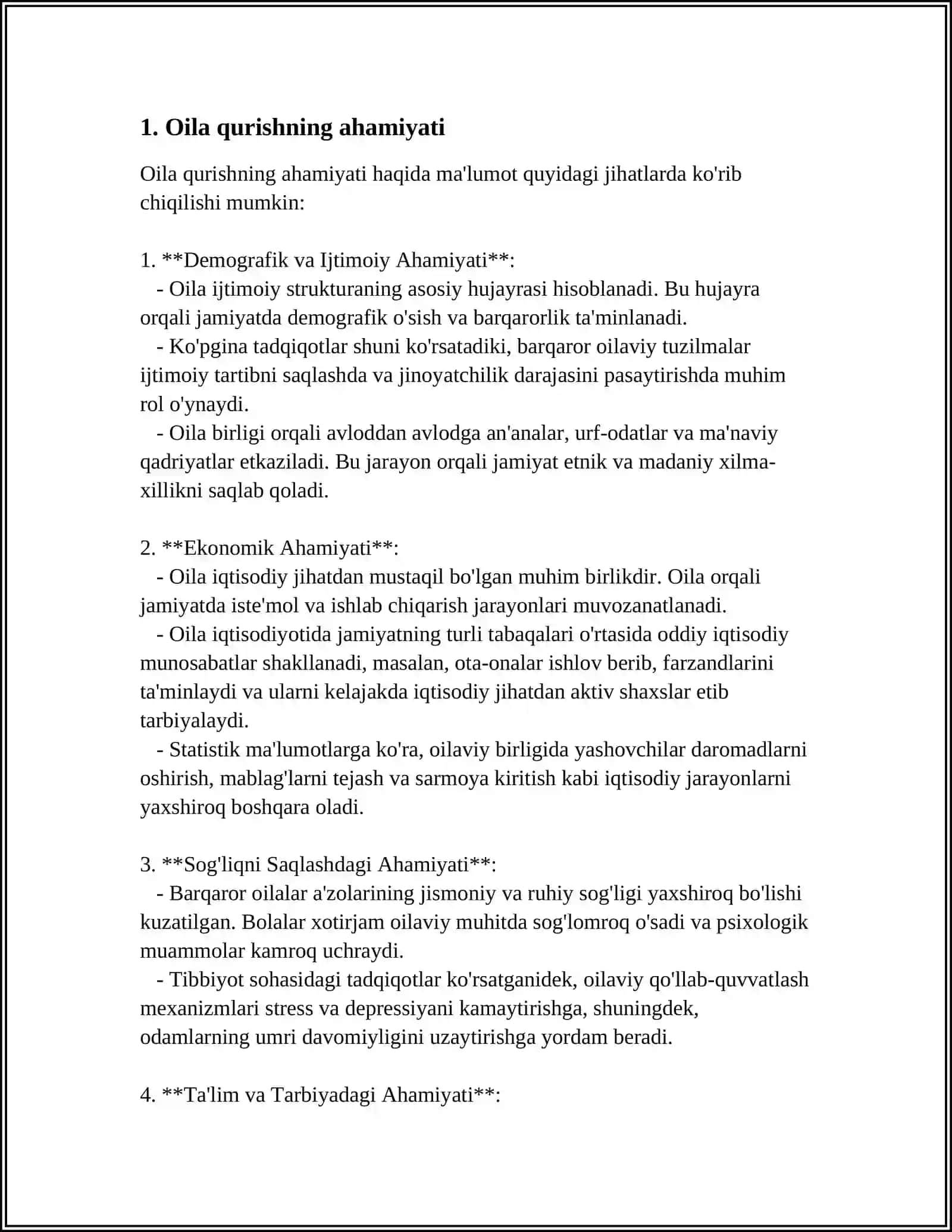 A. FITRATNING OILA ASARIDAGI OILA QURISH TARTIBLARI VA FARZAND TARBIYASIGA OID G'OYALAR BO'YICHA ESSE TAYYORLASH 4