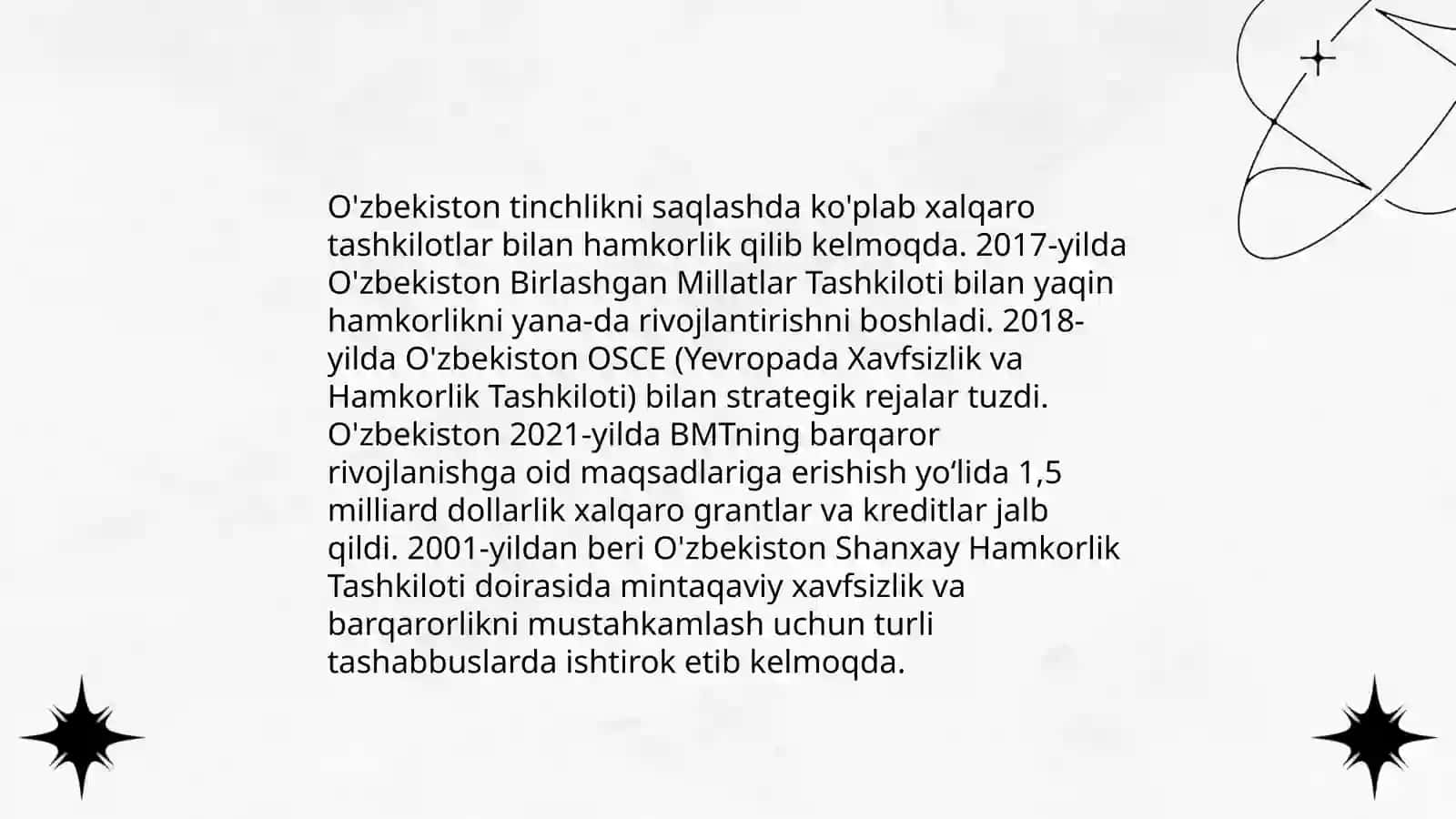 O'zbekistonning Markaziy Osiyoda tinchlik va barqarorlikni ta'minlashdagi o'rni mavzusida 4