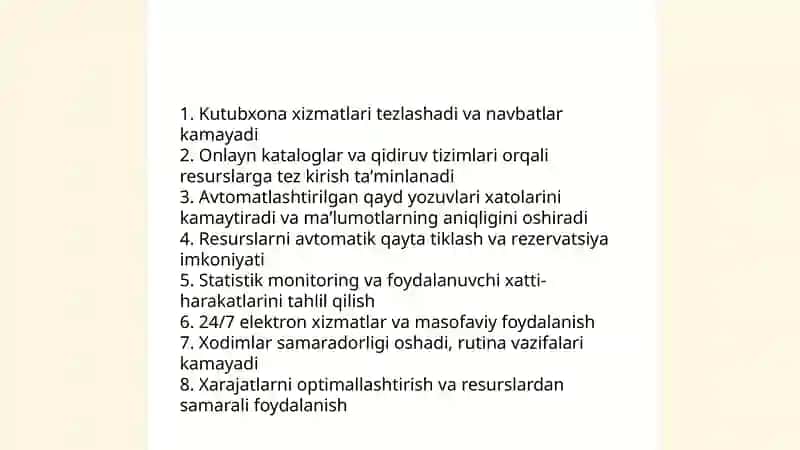 Kutubxonalarda foydalanuvchi xizmatlarini avtomatlashtirish 4