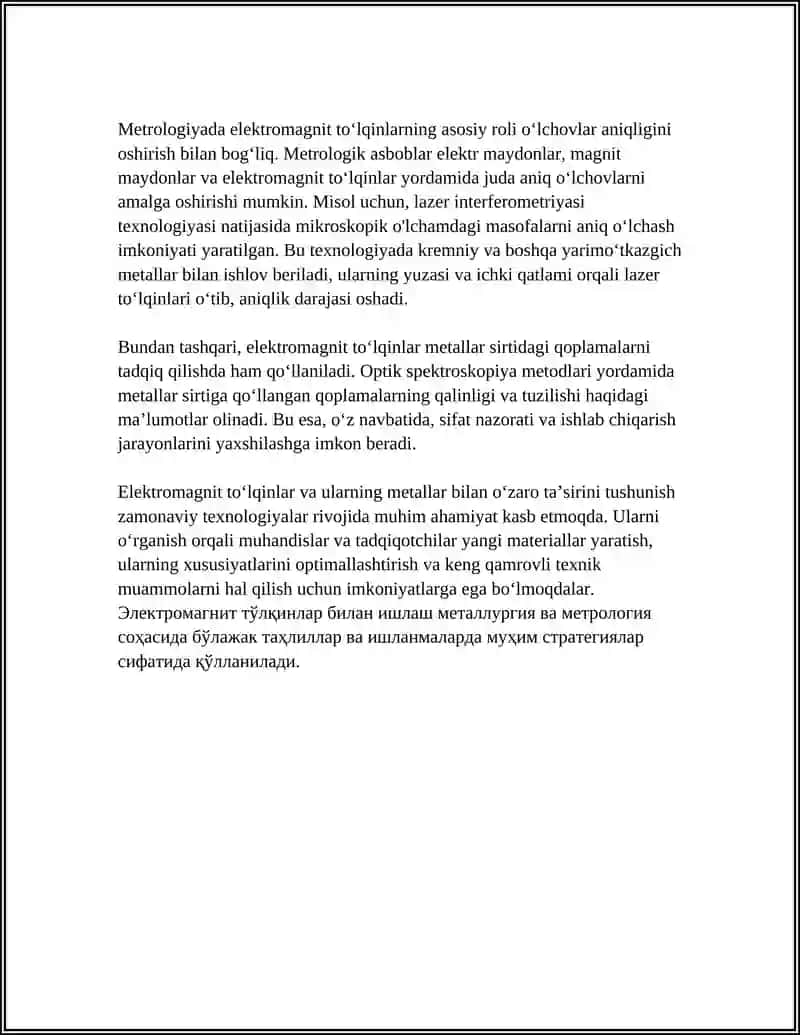 ELEKTROMAGNIT TOʻLQINLAR VA ULARNING METALLURGIYA VA METROLOGIYADA QOʻLLANILISHI 4