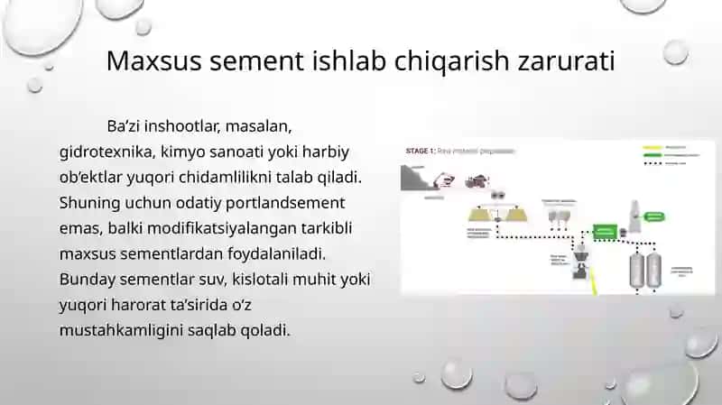 Maxsus sement ishlab chiqarish usullari.O'ta mayda maydalangan(O’MM) ko‘pkanpanentli sementlar ishlab chiqarish texnalogyasi 4
