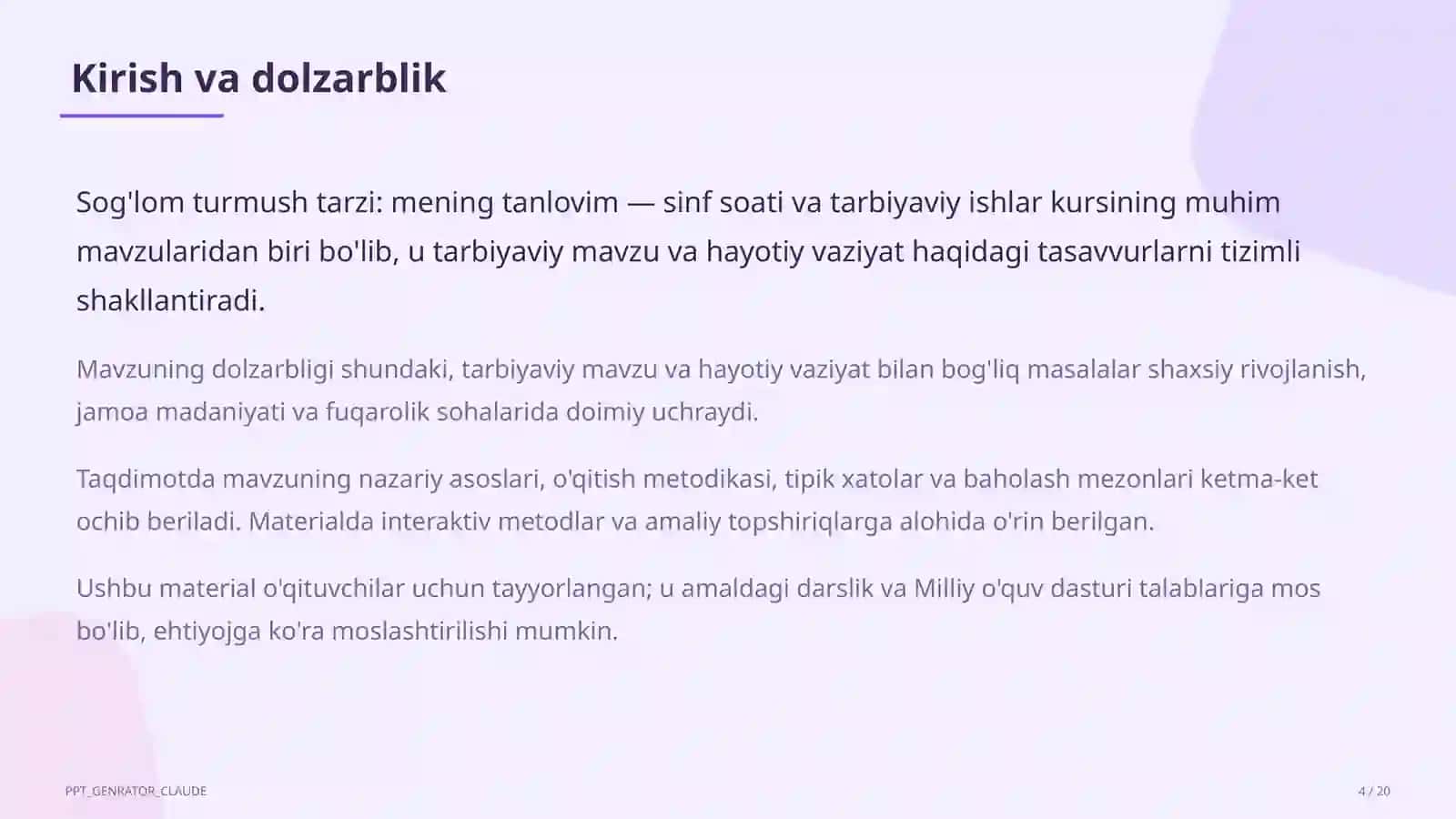 Sinf soati va tarbiyaviy tadbirlar (1–11) — o'qituvchilar uchun 4