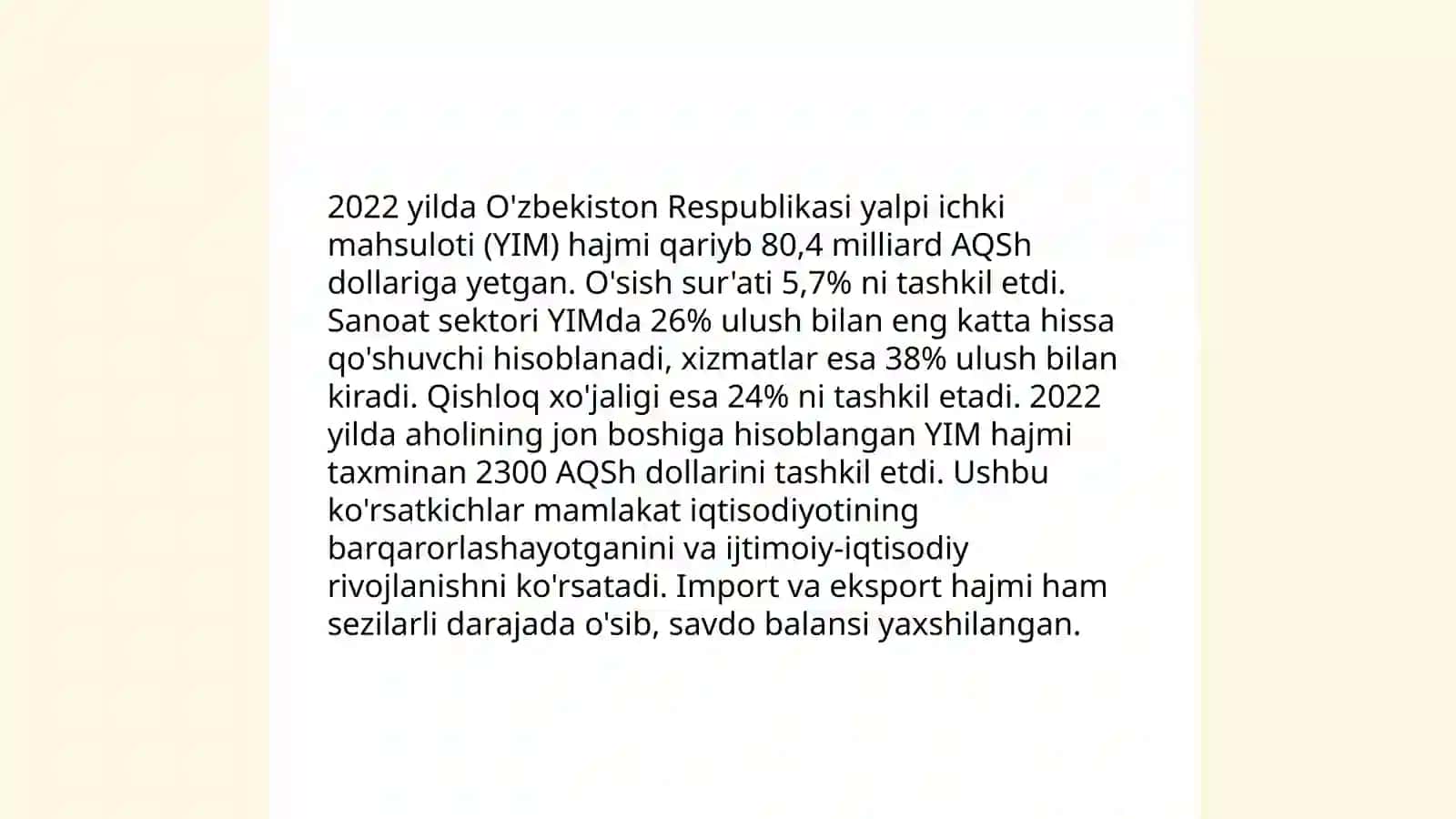 O‘zbekistonning yalpi ichki mahsuloti (YIM) hajmi 2021-2023 4