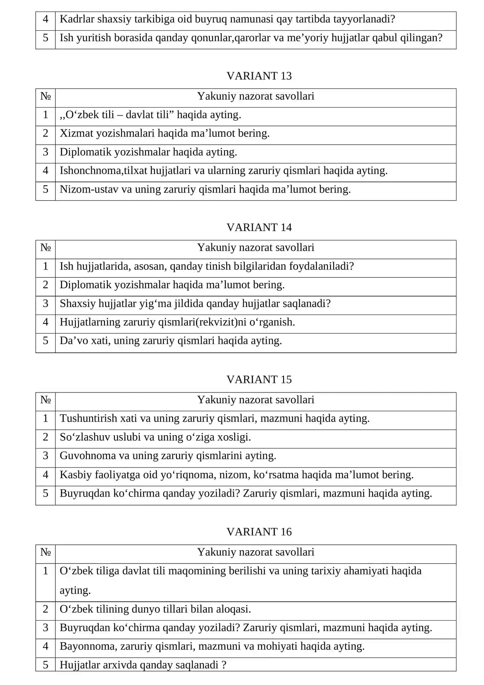 DAVLAT TILIDA ISH YURITISH fanidan og’zaki shakldagi YAKUNIY NAZORAT SAVOLLARI 4