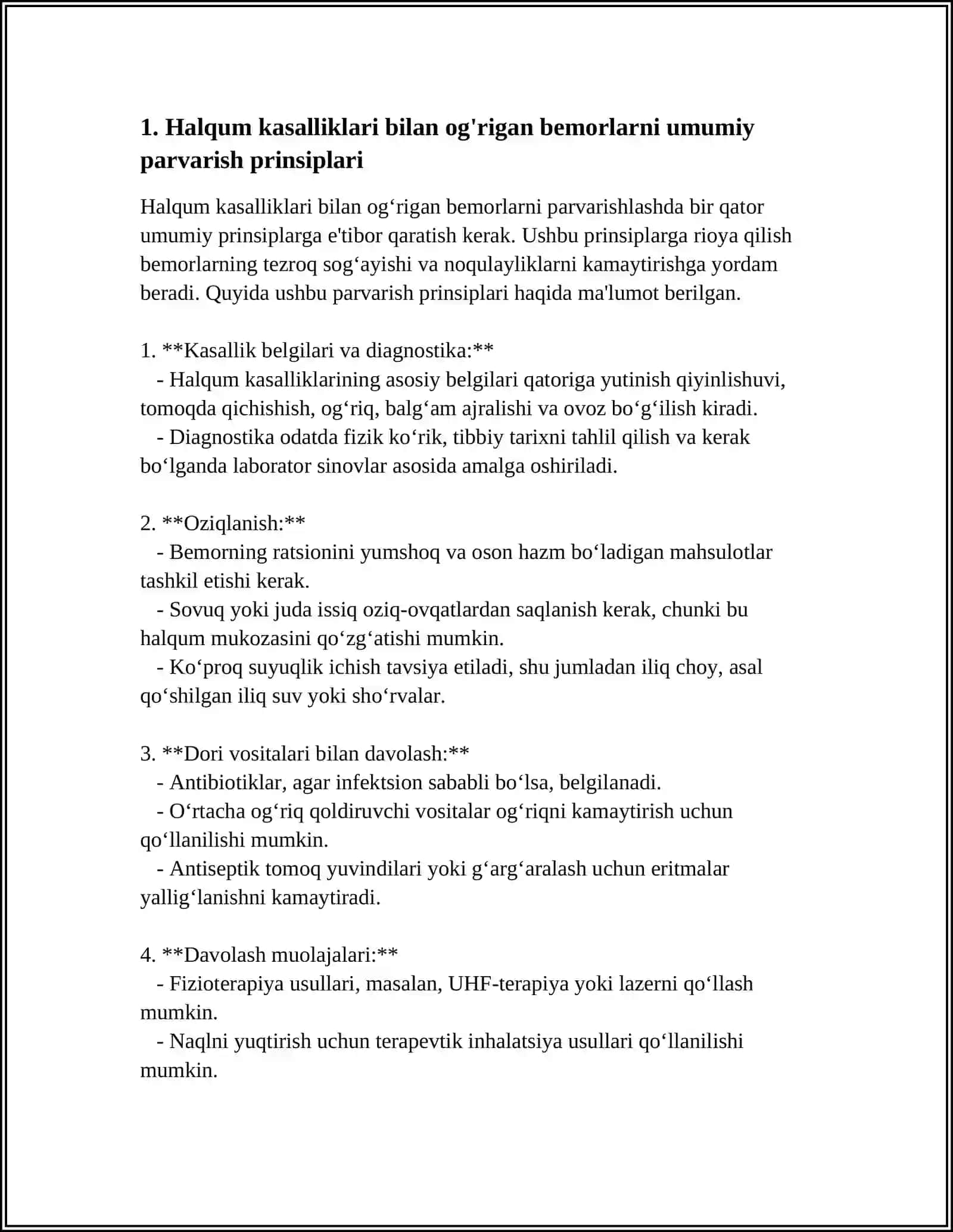 HALQUM KASALLIKLARI BILAN OG'RIGAN BEMORLARNI PARVARISH QILISH 4