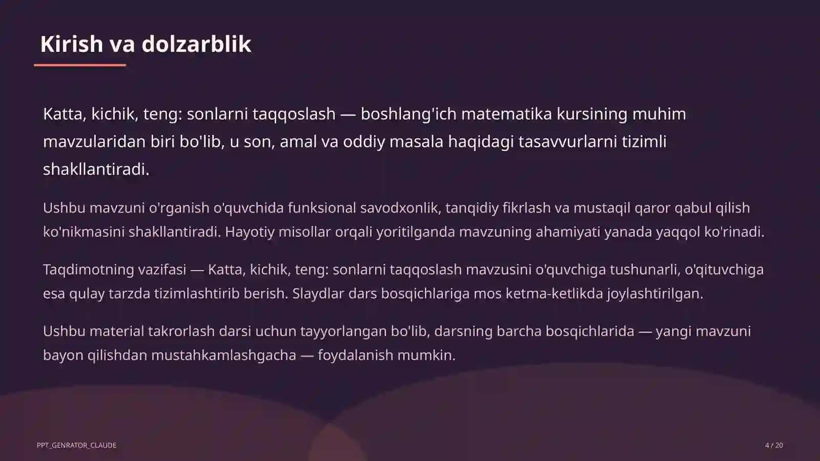 Boshlang'ich sinf: Matematika (1– 4