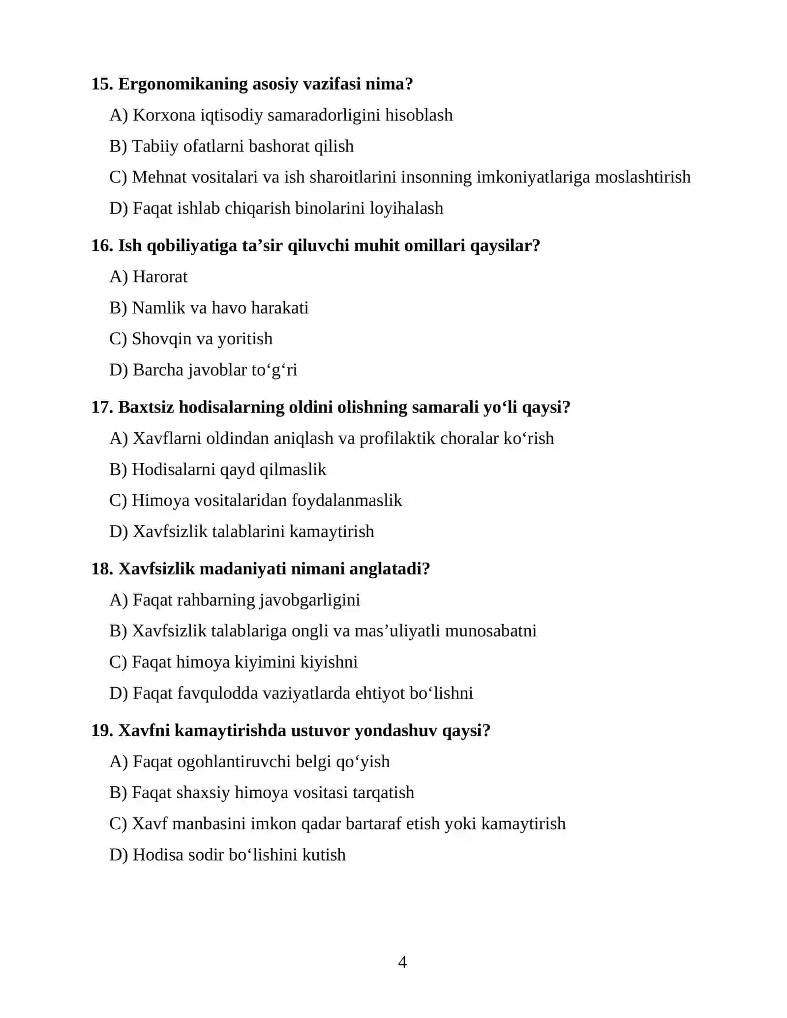 HAYOT FAOLIYATI XAVFSIZLIGI FANIDAN 100 TA TEST SAVOLI OTM 1-kurs talabalari uchun 4