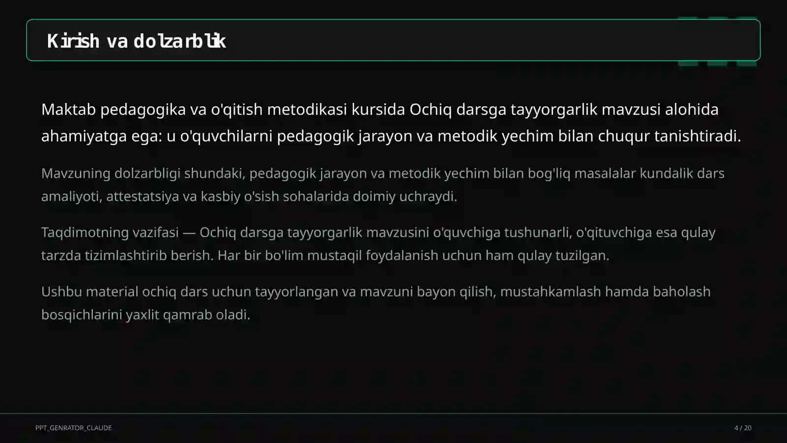 Ochiq dars uchun pedagogika va o'qitish metodikasi 4
