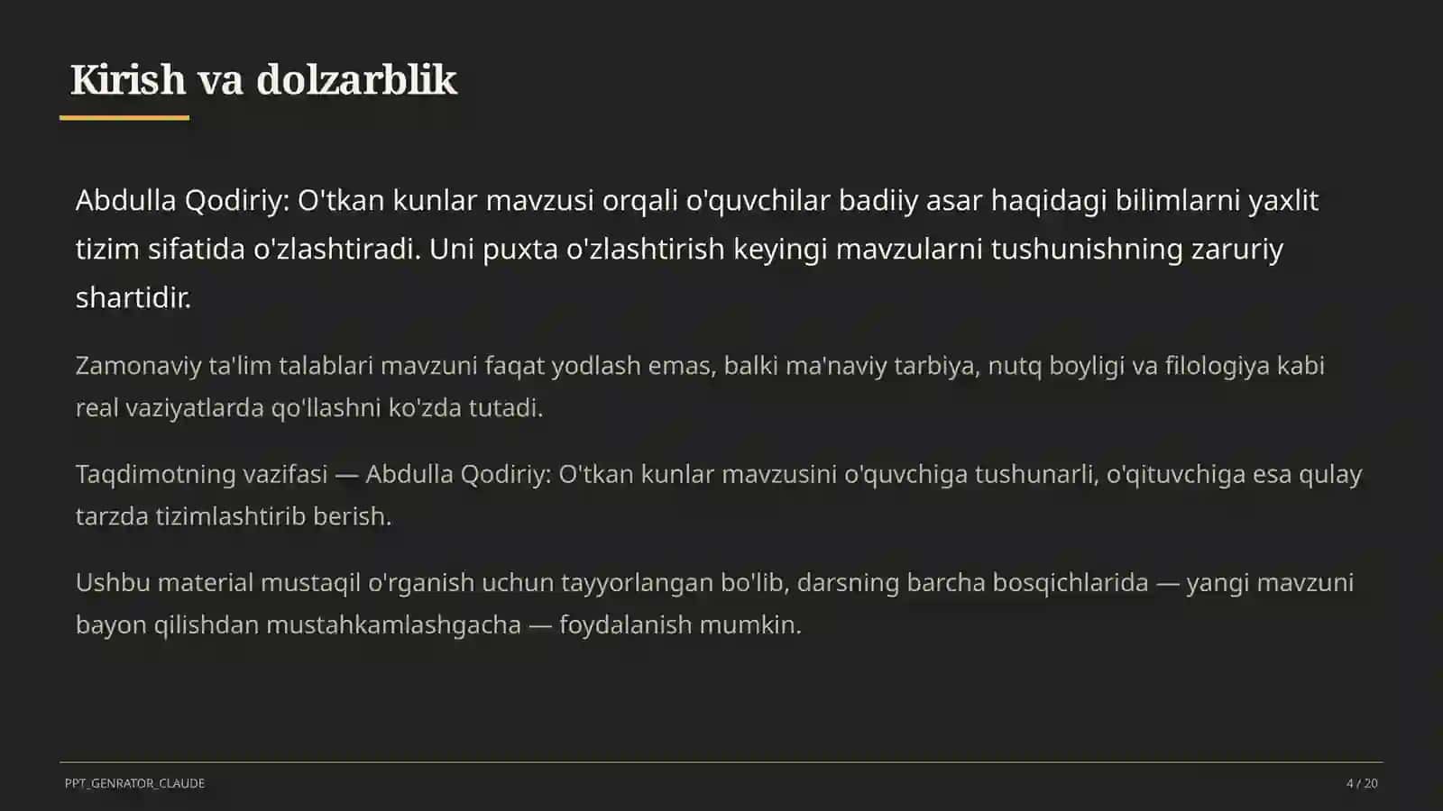 Abdulla Qodiriy: O'tkan kunlar (9-sinf) 4