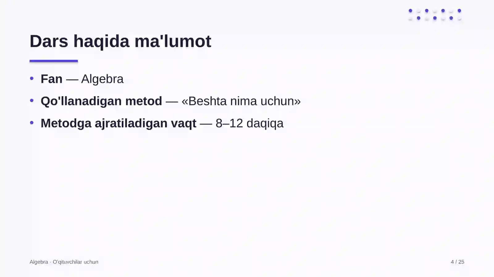 algebra darslarida beshta nima uchun metodidan foydalanish 4629 4