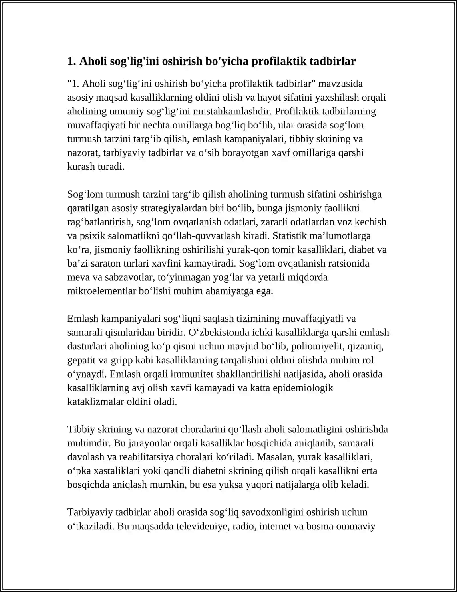 AHOLI SALOMATLIGI DARAJASINI OSHIRISH KASALLIKLARNI OLDINI OLISH VA HAYOT SIFATINI YAXSHILASH 4