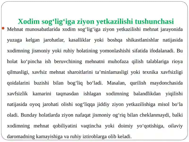 Xodimning sog‘lig‘iga ziyon yetkazilganligi munosabati bilan ish beruvchi tomonidan amalga oshiriladigan to‘lovlar 4