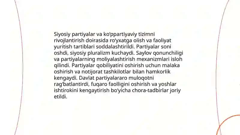 O´zbekiston demakratik fuqarolik jamiyati asoslarining shakllanishi amalga oshirilgan siyosiy islohatlar 4