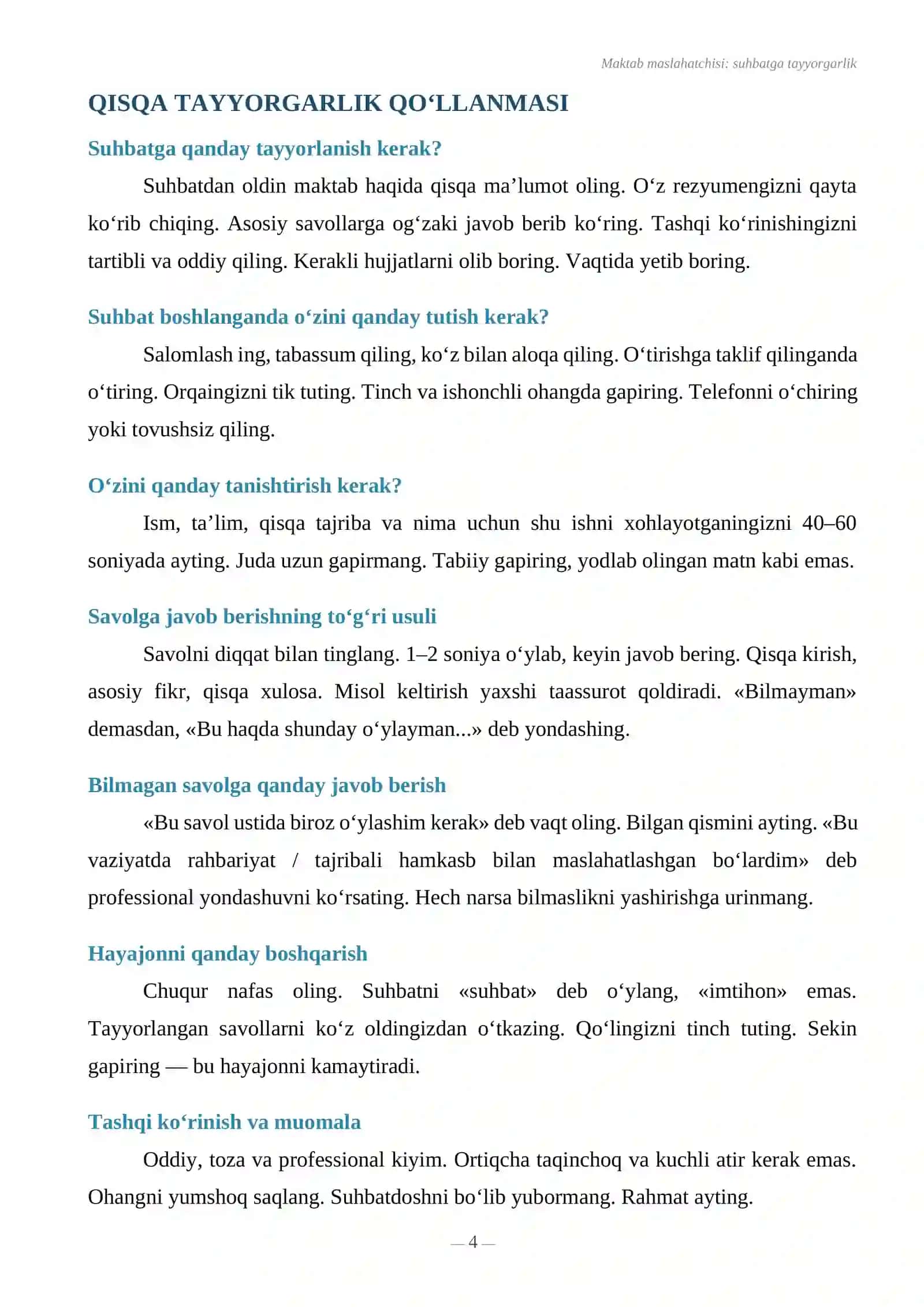 MAKTAB MASLAHATCHISI SUHBAT UCHUN SAVOL JAVOBLAR TO'PLAMI 4