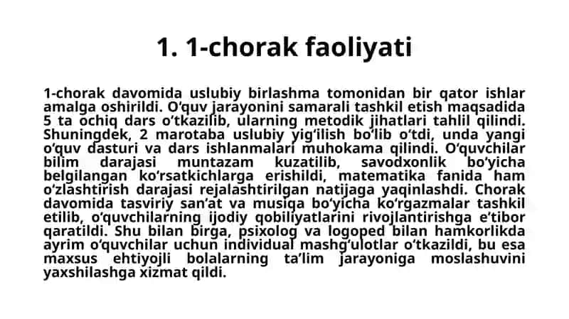 Maxsus maktablar uchun boshlang‘ich ta’lim uslubiy birlashmasining 1 va 2 chorak hisoboti 4