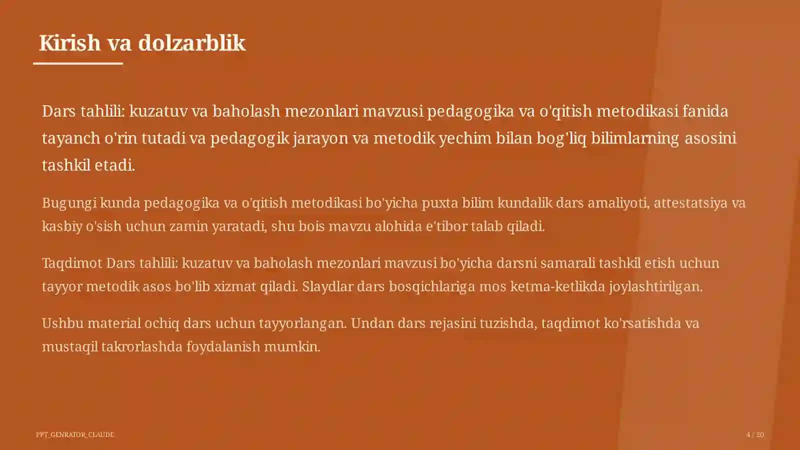 Dars tahlili: kuzatuv va baholash mezonlari 4