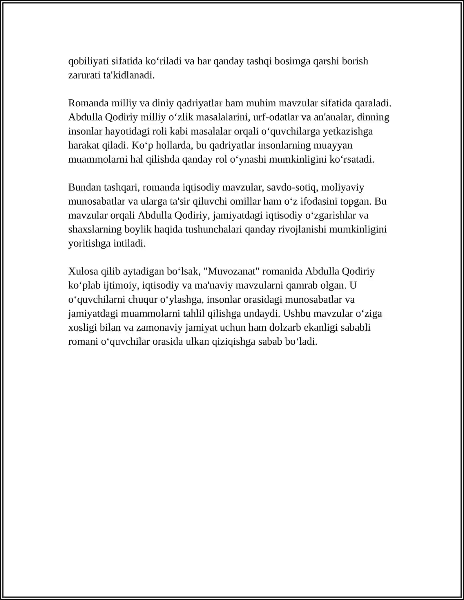 ULUGʻBEK HAMDAMNING MUVOZANAT ROMANI BOʻYICHA REFERAT 4